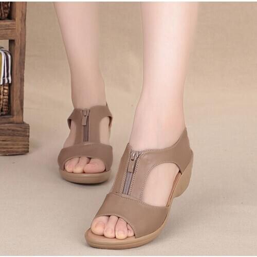 Summer New Women Sandals High Heel Wedges Leather Shoes Women Solid Casual Zip Platform Sandals Ladies Shoes