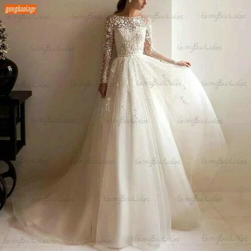 Sexy Long Sleeves Wedding Dresses 2021 A Line Vestido De Noiva O Neck Lace Appliques Button Tulle Sweep Train Vintage Bride Gown