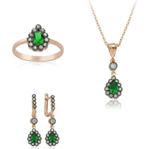Silverlina Silver Green Stone Drop Women 'S Set