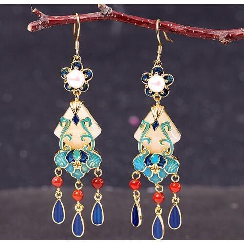 New Chinese ethnic style earrings S925 pure silver female earrings burnt blue palace fan womens jade earrings