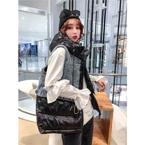 Chic Patchwork Parka Denim Jacket Women Winter Korean Waistcoat Trendy Hooded Cowboy Vest Sleeveless Large Size Outerwear y674