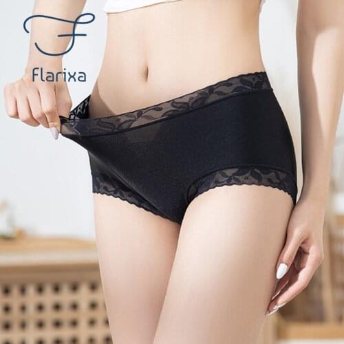 Flarixa Ice silk Breathable Seamless Womens Panties Sexy Lace Underwear Mid Waist large Size Belly Up Hips Cotton Crotch Briefs