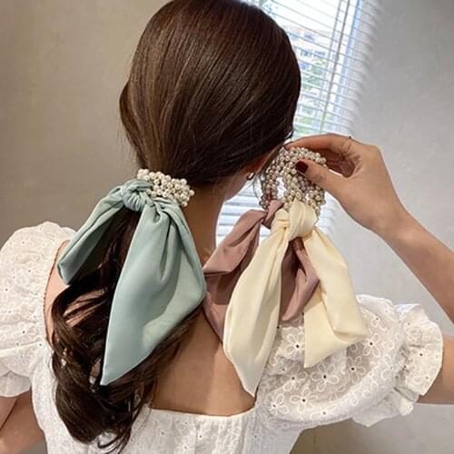 Pearl Women Scarf Ponytail Holder Bow Hair Scrunchy Ribbon Female Elegant Hair Band Fashion Elastic Hair Tie Girl Hair Accessory