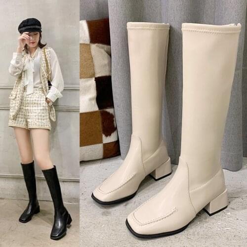Patent PU Leather Knee High Boots for Women Comfortable Thick Heel Ladies Boots Side Zipper Women Winter Boots Black Red White