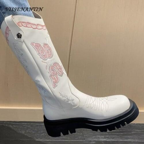 Round Head Embroidered Thick-soled Mid-tube Boots Womens Autumn and Winter New Height and Velvet Mid-heel Knight Boots