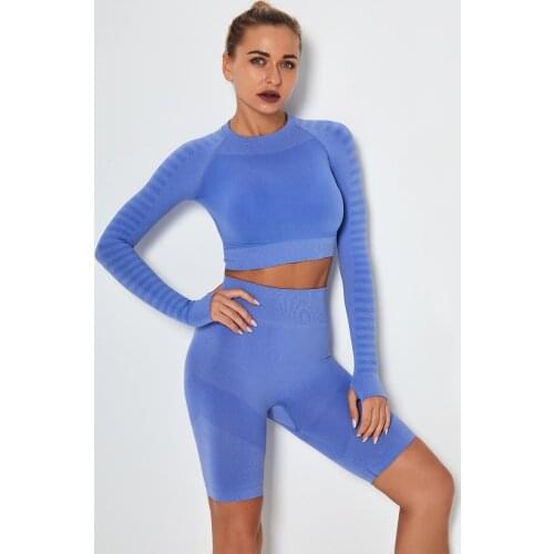 Womens Seamless Yoga Suit Fitness Two-piece Outdoor Sports Striped Gym Long Sleeve Workout Shorts Running Yoga Clothing Set