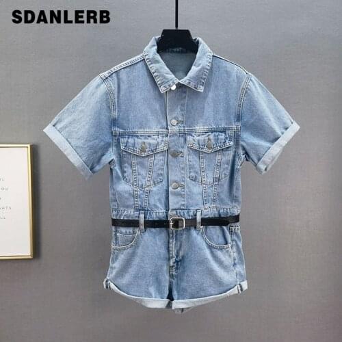 Denim Jumpsuit Womens Short Sleeve Thin Jeans Romper 2021 Summer New High Waist Loose Casual Light Blue One-Piece Shorts