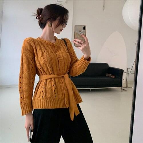 Elegant Women Single-Breasted Open Front Long Sleeve Sweater With Waistband Solid Color Twist Knitted Cardigan Autumn Winter