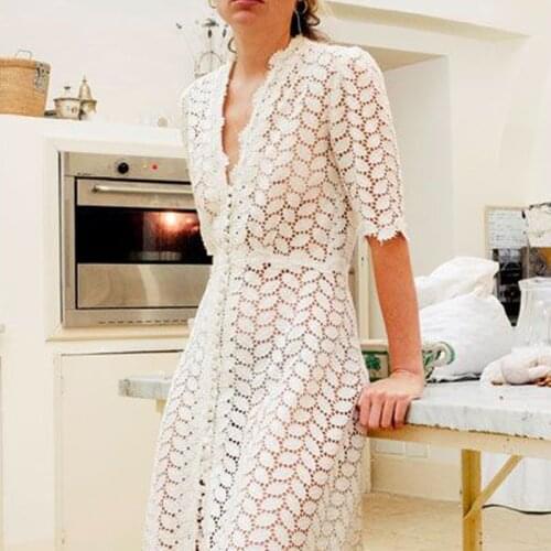 Sexy V-neck White Hollow Out Lace Long Dresses for Women Party 2021 Summer Runway Elegant Half Sleeve Pleated Maxi Dress