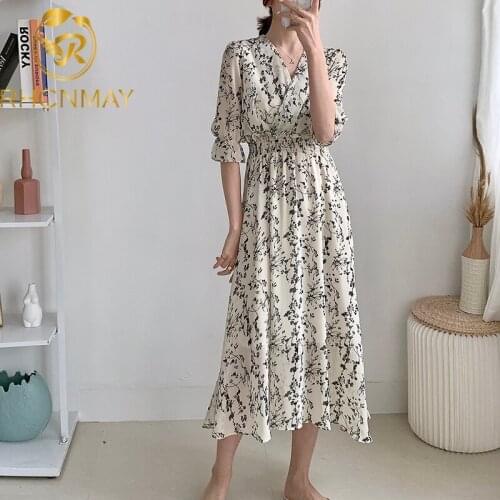 2021 New Women Retro Floral Dress Cross V Neck Wooden Ear Slim Long Vestido Summer Elegant Chiffon Short Sleeve Dresses