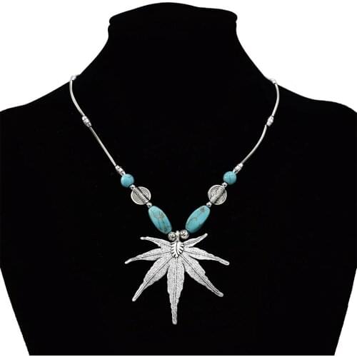 Antique Tibetan Big Leaves Elephant Fish Shape Necklaces for Women Turkish Tribal Party Blue Stone Jewelry bijoux femme