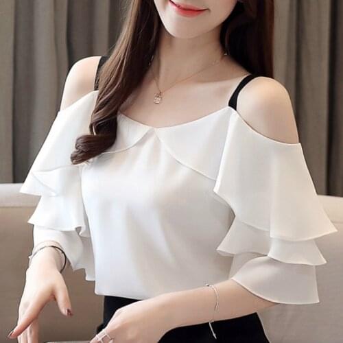 Blouse Women Blusas Mujer De Moda 2021 Ruffles Chiffon Blouse Shirt Off Shoulder Top Short Sleeve White Blouse Women Shirts B296