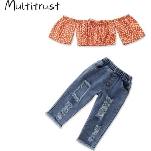 Baby Summer Outfit Orange Floral Off-Shoulder Short-Sleeves Top + Ripped Jeans Suits for Toddler Girl 1-5 Years