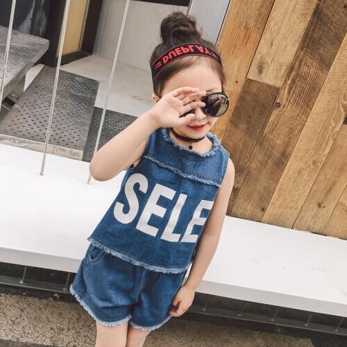 Childrens clothing 2019 new girls summer denim clothes sets kids letter personality suits baby child casual sports set 3-7 yrs