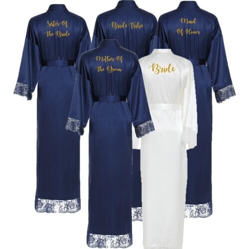 Owiter Long Silk Satin Robe Bridesmaid Robes w/ Lace Trim Robe Bridal Wedding Robe Sleepwear Bathrobe Long Gowns for Women Blue