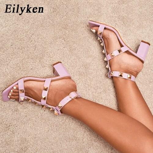Eilyken Roma Gladiator Sandals Women Fashion Rivet Decoration Ankle Buckle Strap Low Square HeelS Open Toe Ladies Shoes Size 42