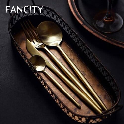 FANCITYNordic Golden Stainless Steel Steak Western Food Knife Fork Spoon Set Three-piece Set Home Restaurant Dessert Ice Cream