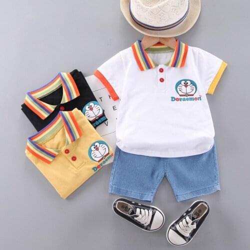 New Summer Infant Baby Boys Clothes Set Toddler Girls Cartoon Doraemon Lapel T-shirt +denim Shorts 2PCS Fashion Childrens Suits