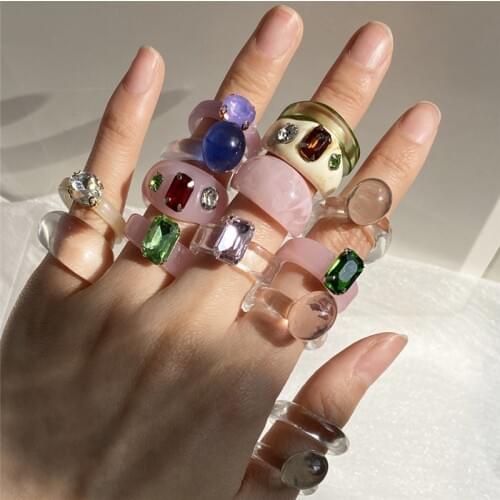 Korean Style Cute Colorful Resin Acrylic Rings for Women 2021New Geometric Finger Rings Set Female Fashion Party Jewelry