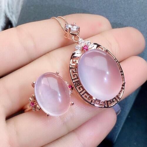 Real Natural Rose Quartz jewelry set Natural Real Rose Quartz 925 sterling silver 1pc pendant,1pc ring