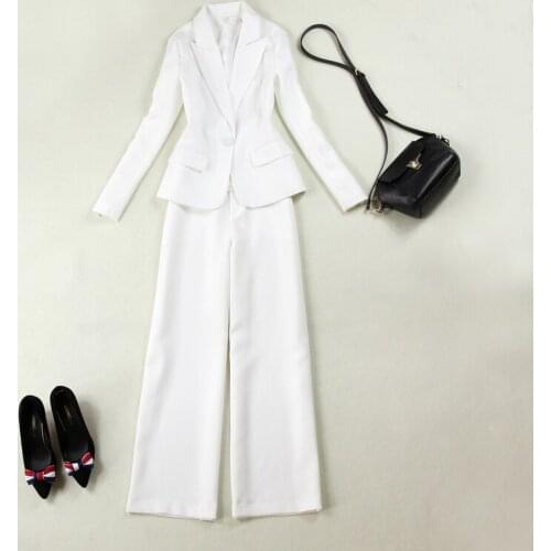High quality large size womens spring and autumn new self-cultivation tooling white suit + straight wide leg pants suit