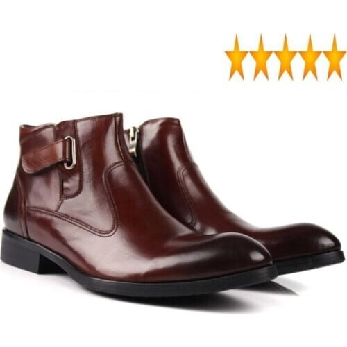 Leather Genuine 2021 Men Fashion Buckle Round Toe Work Boots Luxury Brand Spring Autumn Zipper Dress Shoes
