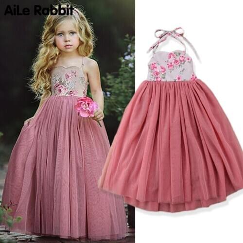 Ins New Childrens European Dress Pink Bud Silk Yarn Long Skirt Flower Print Strap Princess Dress Girls Costume Wedding Dress