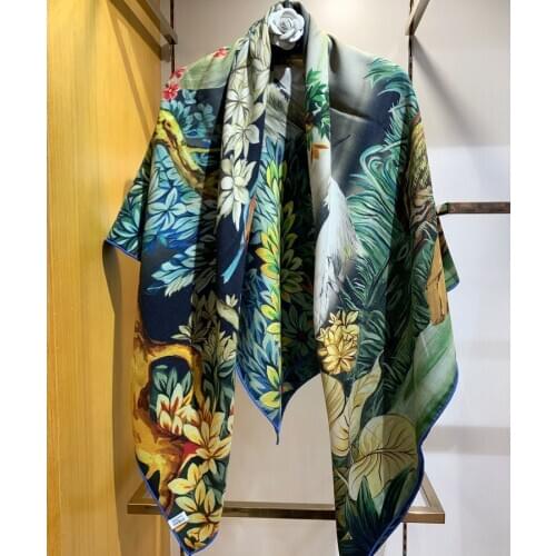 New Designer Luxurious Large Silk Cashmere Scarf Wraps Shawls Handrolled "Oil Painting" Printed Two Side Trees Bird