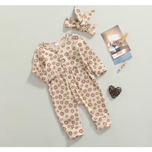 Fall SpringGirls Toddler Baby Rompers Casual Outfits Girls Flower Print Long Sleeve Round Neck Jumpsuit Bowknot Headband