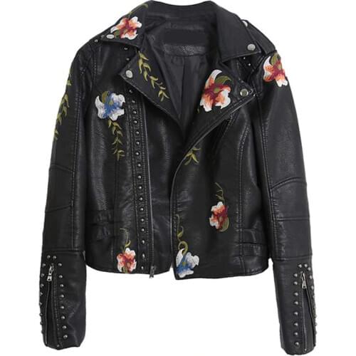 Autumn Motorcycle Leather Jackets for Women Floral Embroidered Faux Leather Jacket Pink Burgundy PU Embroidery Jacket Outerwear