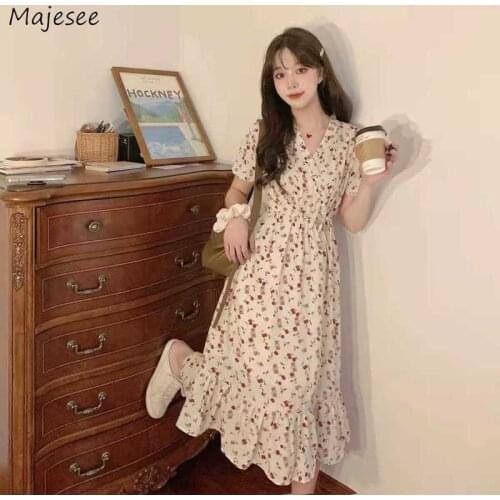 Dress Women Korean Sweet Style Floral V-neck Fairy Leisure Girls Cute Flounced Edge All-match Prairie Chic Abdomen Elegant Teen