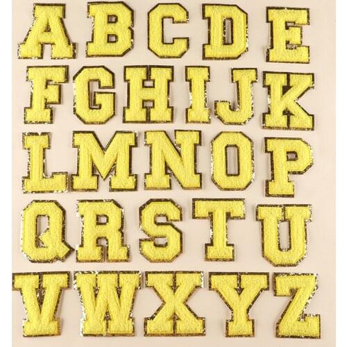Prajna 1Pcs Yellow Chenille Letter Patches 3D Letter Embroidery Patches For Clothing Gold Sequins Towel Iron On Patches Applique