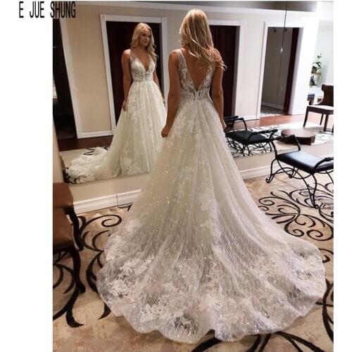 E JUE SHUNG Luxury Beach Wedding Dresses V Neck Backless Lace Appliques Shiny A Line Bridal Gowns robe de mariee Bride Dresses