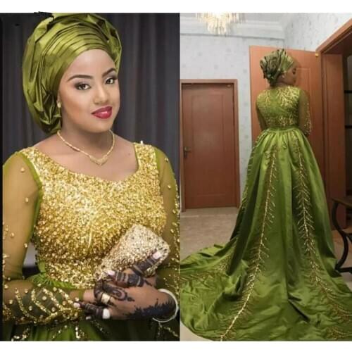 2020 Luxury Crystal Nigeria Olive Prom Dresses Full Sleeves Beaded Sequined A-line Formal Evening Party Dress Aso Ebi Plus Size