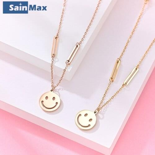 Rose GoldTone Stainless Steel New Smile Face Round Pendant Necklace