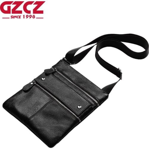 GZCZ Brands Males Messenger Bags Genuine Leather Shoulder Bags Male Thin Business Crossbody Bags Zipper Designer for Boys