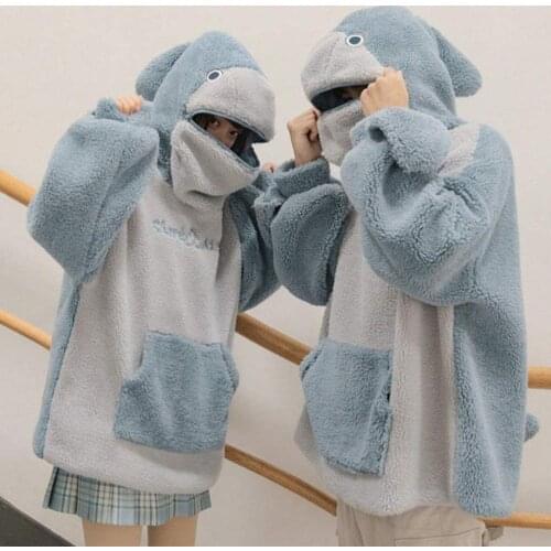 Hooded Sweatshirt Ladies Hooded Shark Plush Sweatshirt Furry Inner Fleece Loose Pullover Tops Couple Clothes Unisex Sudaderas