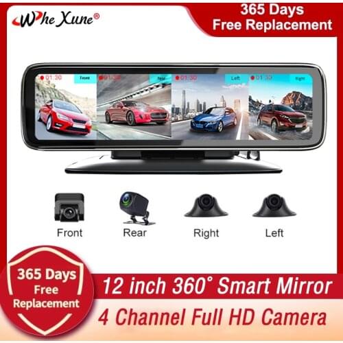 New 12 Inch IPS Car DVR 4 Channel Lens Dashboard Camera Video Recorder Full HD 1080P Rearview Mirror Dash Cam Auto Registrar
