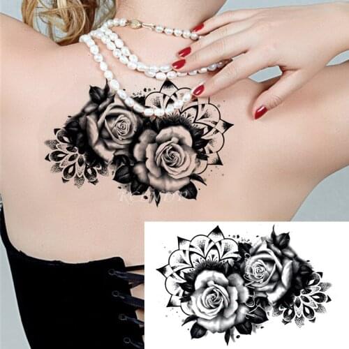 Waterproof Temporary Tattoo Sticker Black Design Rose Flower Leaf Plant Fake Tatoo Flash Tatto Body Art for Girl Women Men