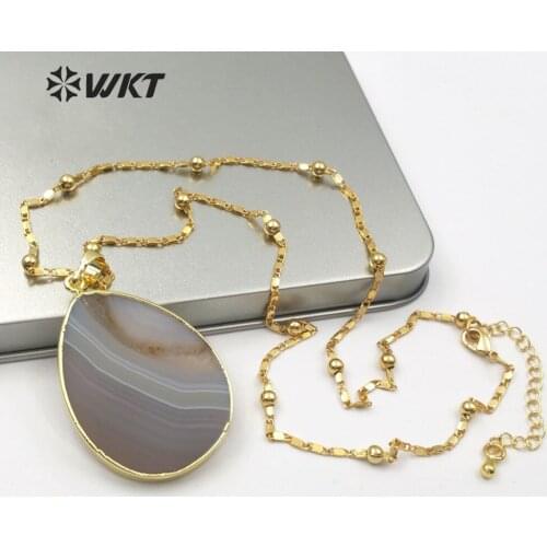 WT-N1151 Natural Agates Necklace Teardop Shape Grey Strip Agates Pendant With Gold Layer Necklace Women Boho Jewelry