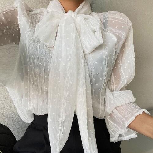 New 2021 spring chiffon shirt womens Korean version chic loose long sleeve shirt temperament half high collar lace up top