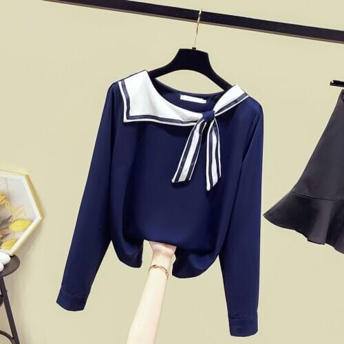Woman Shirts 2021 Autumn Womens Striped Sailor Bow Collar Long Sleevese Shirt Girls Students Shirt Tops Ladies Blouses A3822