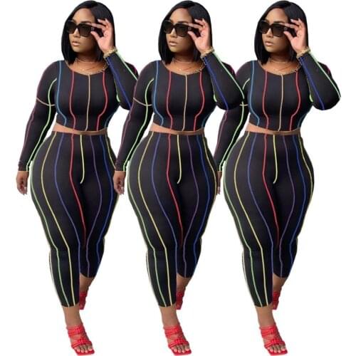 Adogirl Colorful Striped Print Women Tracksuits O Neck Full Sleeve Crop Tops High Waist Skinny Pants Suits 2 Pieces Set Outfits
