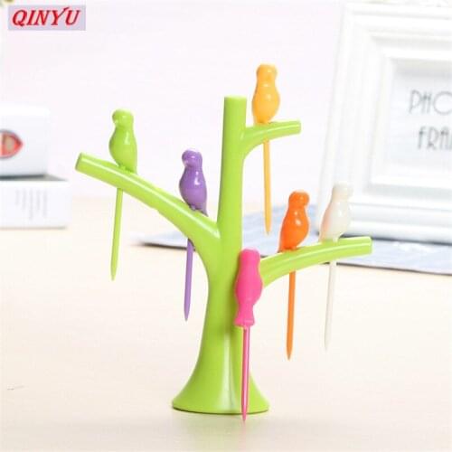 1 Stand+6 Forks Toothpick Fruit Tool Kitchen Gadget Birds Tree Birdie Fruit Fork Cartoon Tree Shape Party Fork Tableware Set 5z