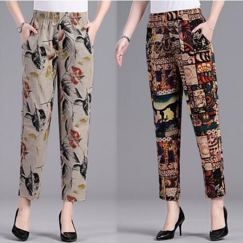 Middle-aged elderly Pants Womens Cotton and linen Straight Pants Loose Summer Thin High Waist Pant Female Plus Size trousers