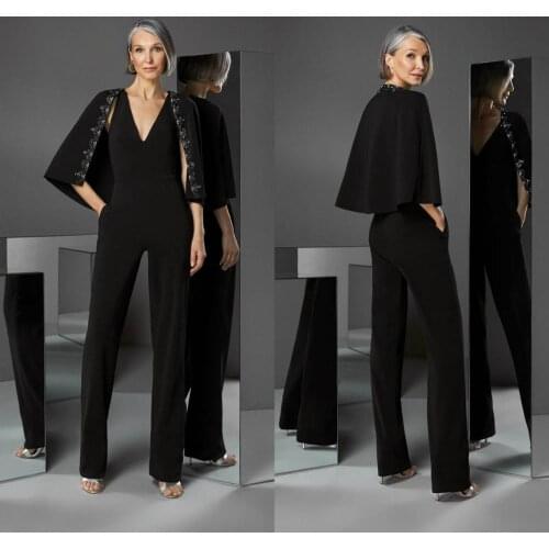 Black Mother Of The Bride Jumpsuit with Wraps V Neck Satin Beads Women Pants Suit Wedding Guest Dress Custom Made Formal Gowns