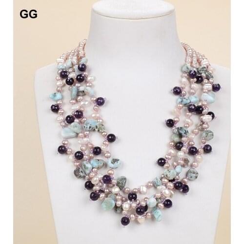 GuaiGuai Jewelry 20" 4 Strands Pearl Amethyst Natural Blue Larimar Necklace
