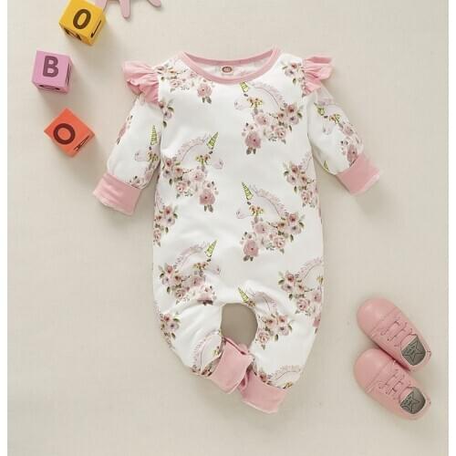 Ins Spring Newborn Floral Rompers For Girls 2021 Baby Girl Clothes 0-18m Long Sleeve Princess Style Jumpsuit Unicorn Kids Infant