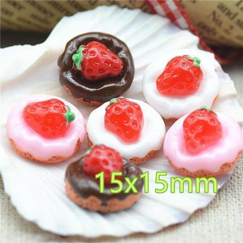 30PCS Resin Strawberry Cake Mixed 3 Colors, Flat Back Dessert Cabochon,Dollhouse Candy Miniatures 15mm