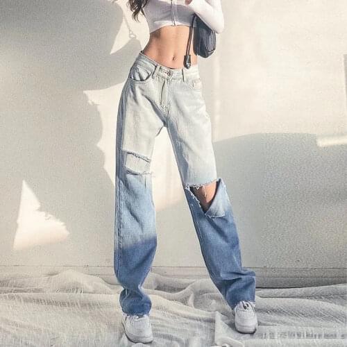 High Street Holes Jeans Womens High Waist Straight Pants Streetwear Loose Denim Trousers 2021 New